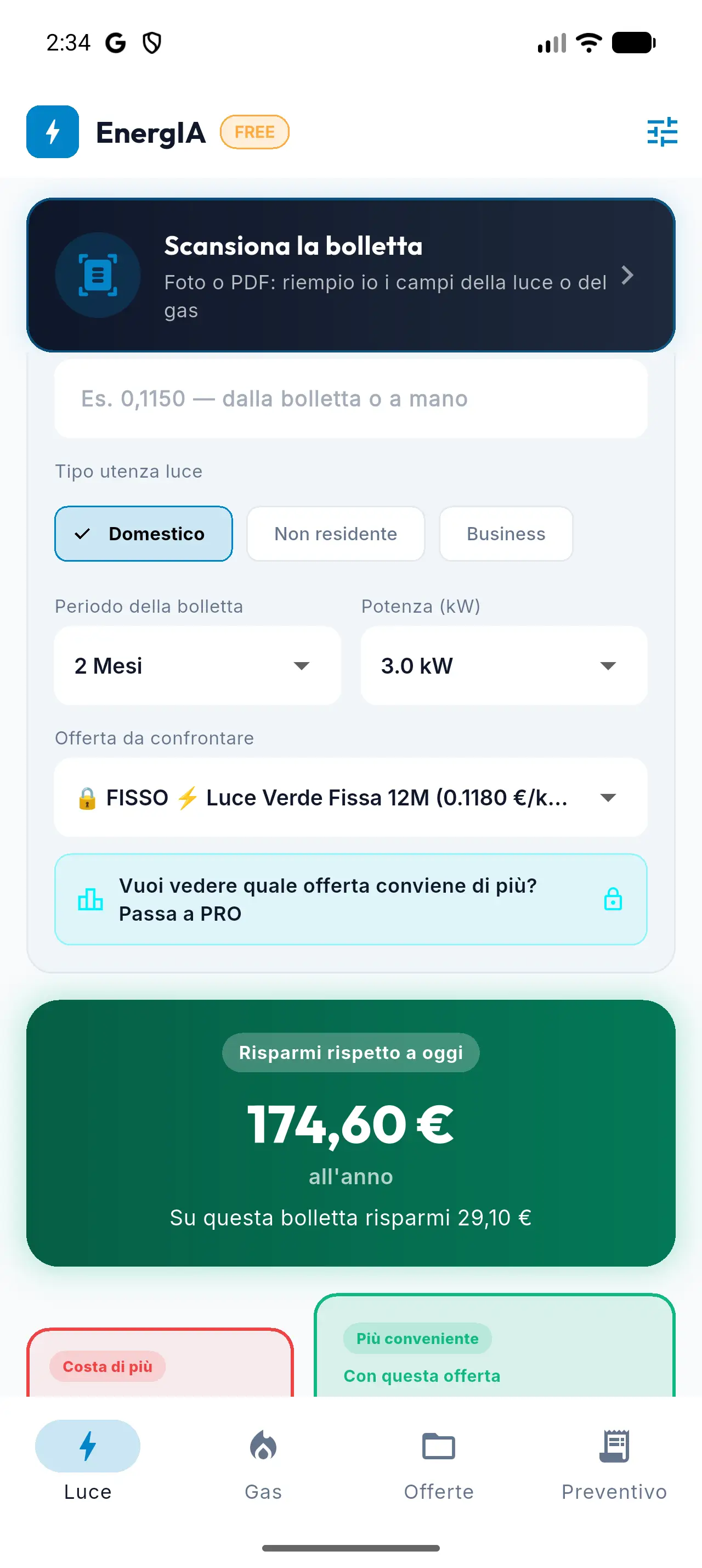Tab Luce di EnergIA con bolletta Enel, confronto ARERA e risparmio stimato