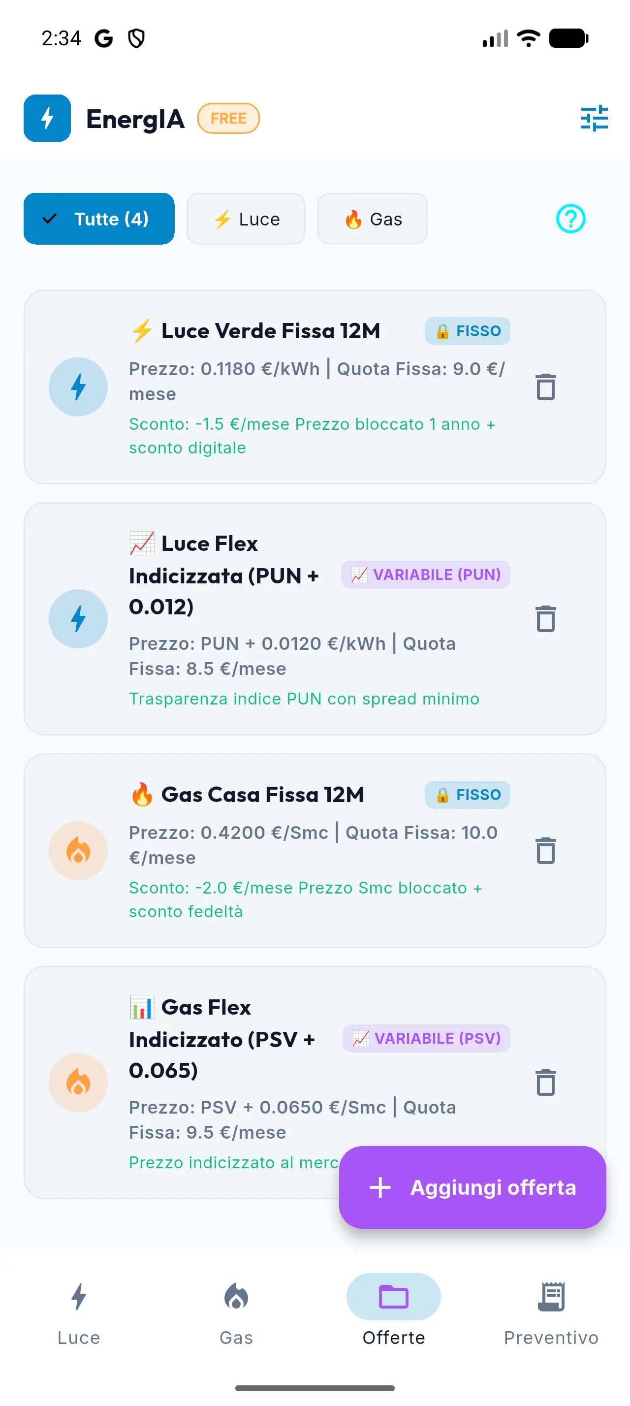 Catalogo offerte Luce e Gas in EnergIA, fisse e indicizzate PUN/PSV