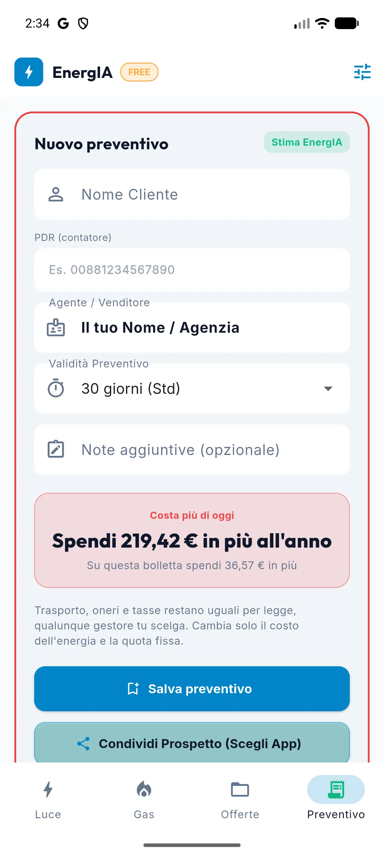 Tab Preventivo di EnergIA con prospetto da salvare e condividere in PDF