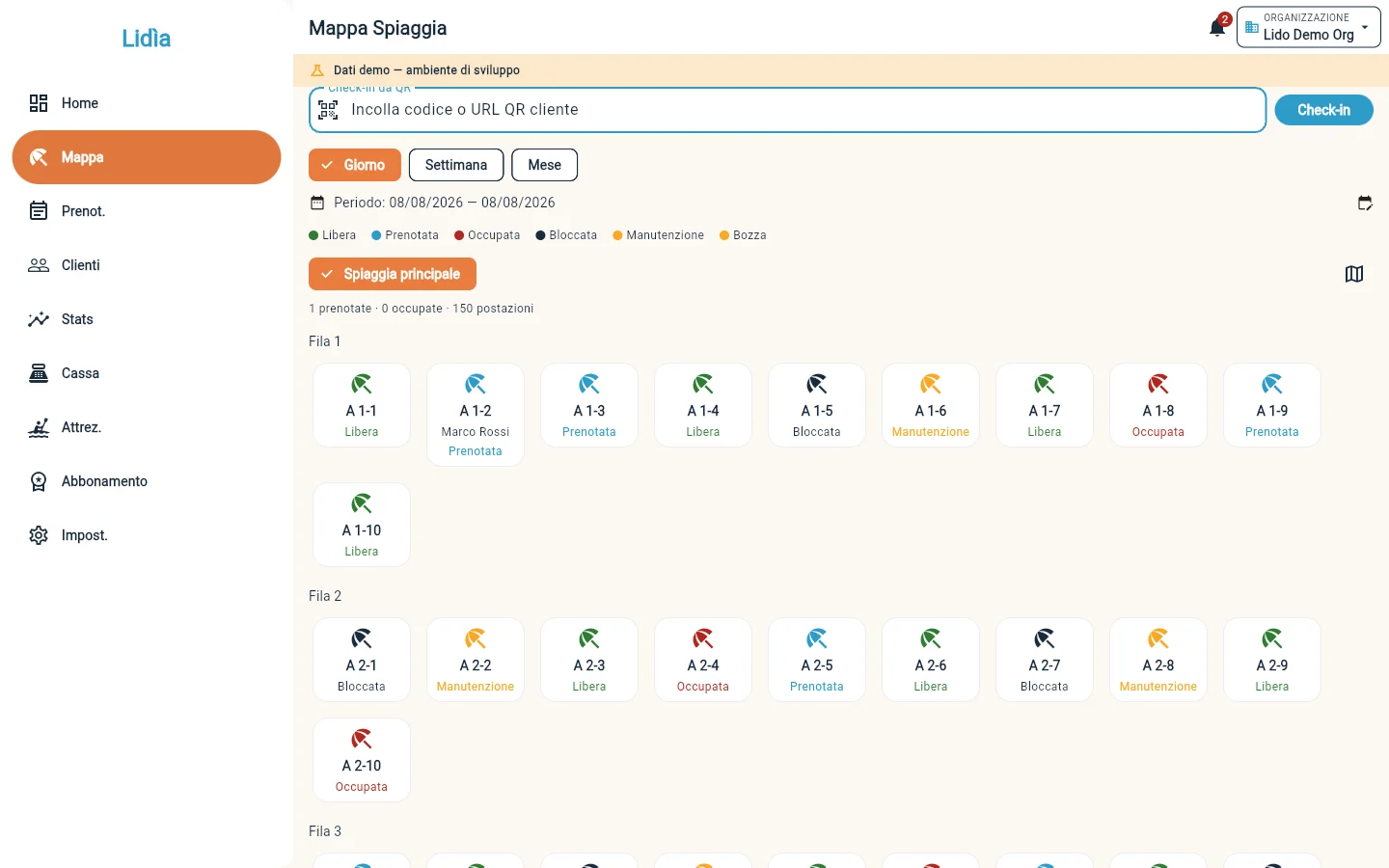 Home Lidìa con riepilogo prenotazioni, incassi e accesso rapido alle sezioni operative