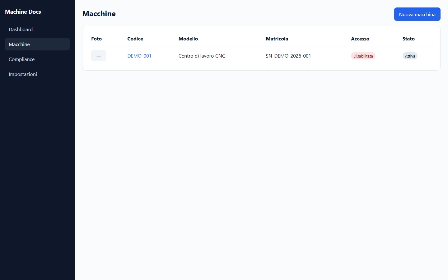 Dashboard con riepilogo macchine e accessi rapidi