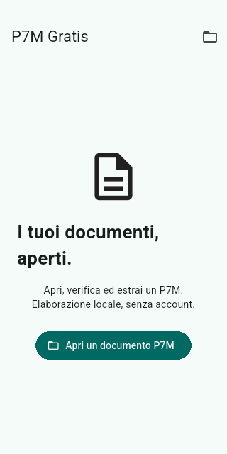 Schermata iniziale di P7M Gratis: apri un documento, elaborazione locale senza account