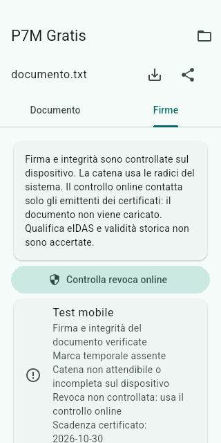 Verifica firme sul dispositivo e controllo revoca online, senza caricare il documento